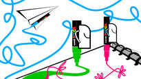 A simplistic landscape made of colorful lines. Two POSCA pens are at the top of a notebook hill, coloring the pages with green grass and pink flowers. In the background is a blue POSCA pen flying on a hang glider, creating the sky.