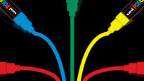 Graphic art of five POSCA pens drawing lines, spreading out radially from the bottom center.