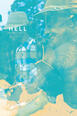 A blue and yellow poster. Two images are overlaid on each other: one is of a man having his blood drawn, the other is a man standing and looking to the side.